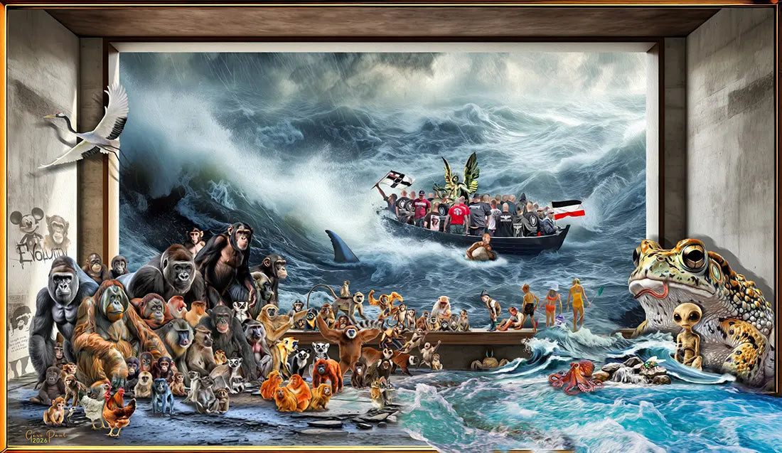 Remigration – Fineart Print von Gero Paul, 95x55 cm, Alu-Dibond, satirische digitale Collage, überfülltes Boot | Kunst-Direkt.de
