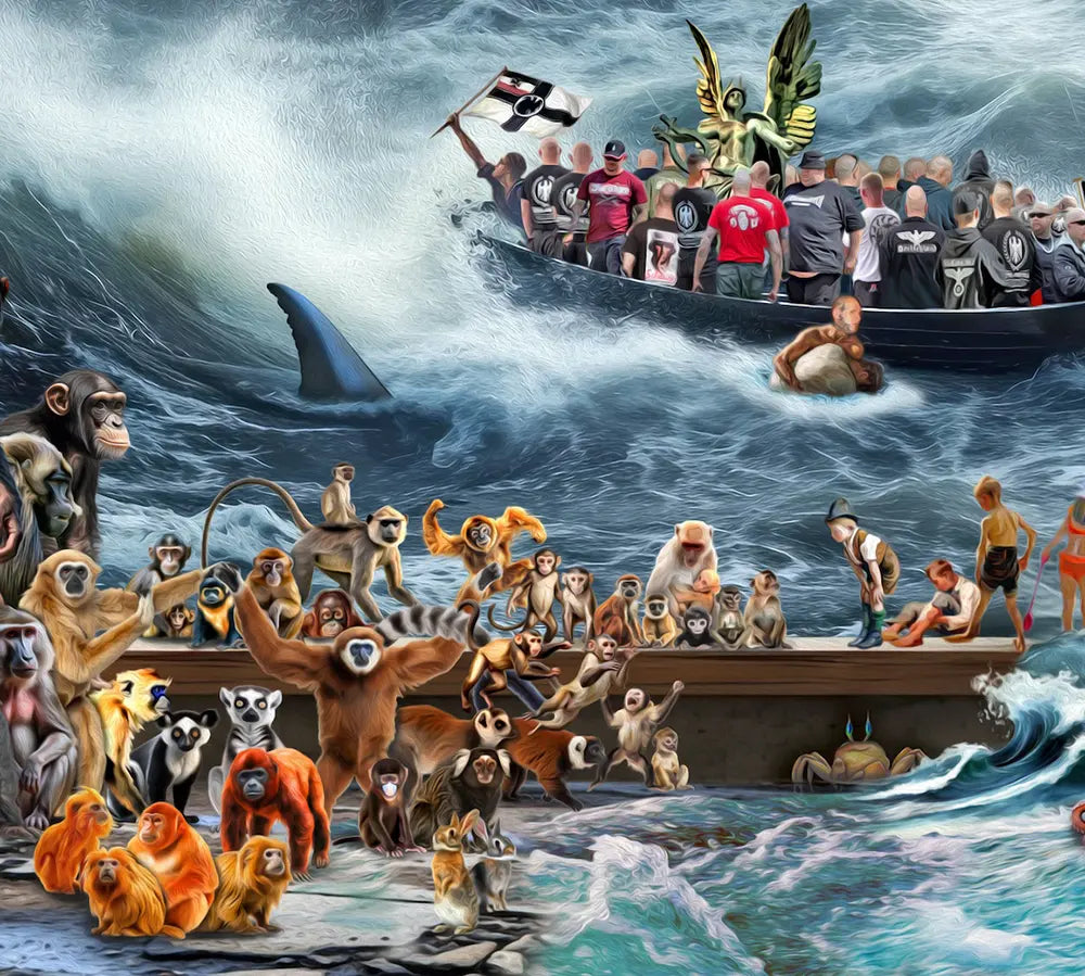 Detailaufnahme Remigration – Nationalistische Symbolik und historische Flaggen im Sturm, Gero Paul | Kunst-Direkt.de
