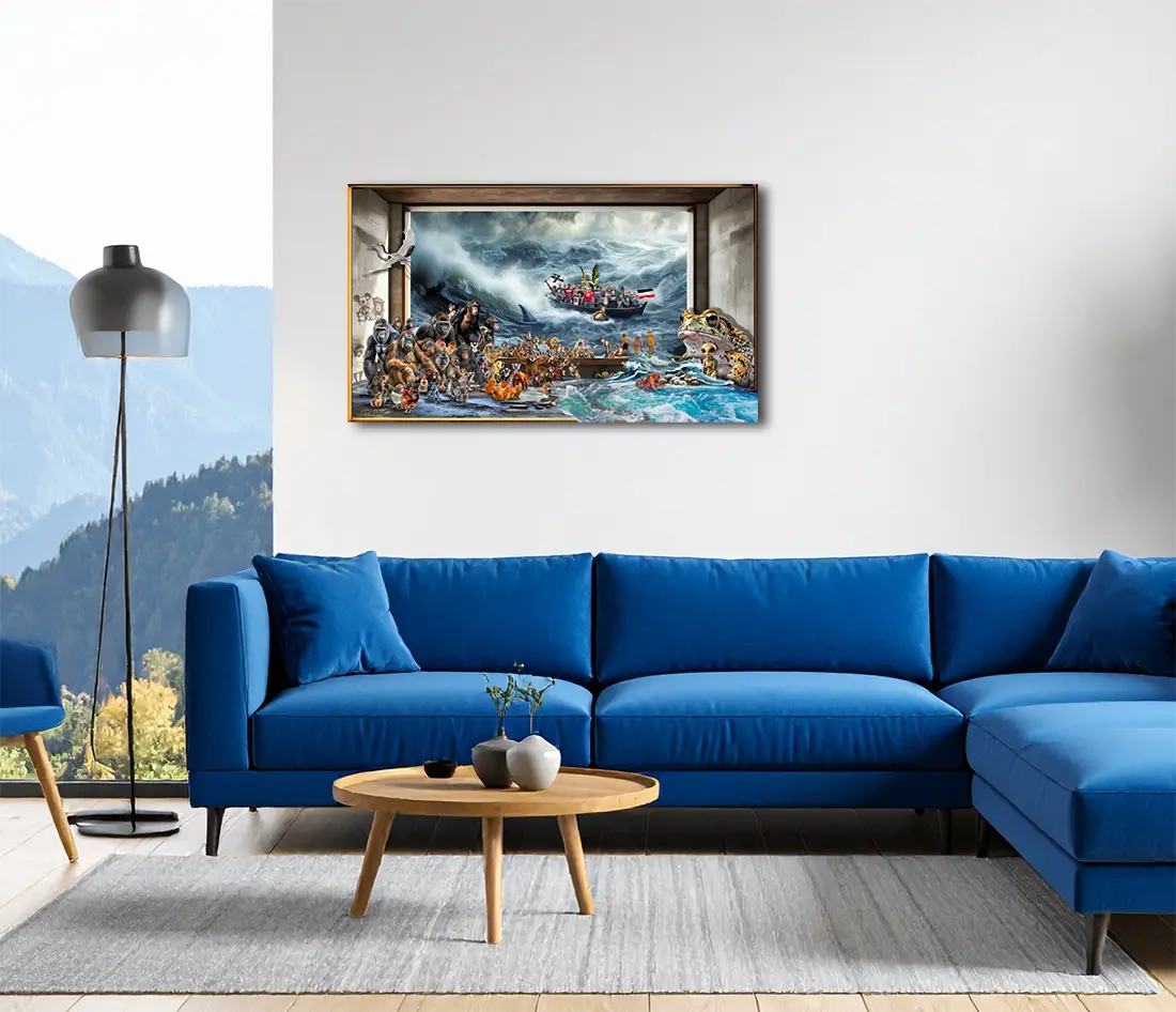 Remigration von Gero Paul an der Wand – Gesellschaftskritischer Fineart Print, 95x55 cm, Alu-Dibond | Kunst-Direkt.de
