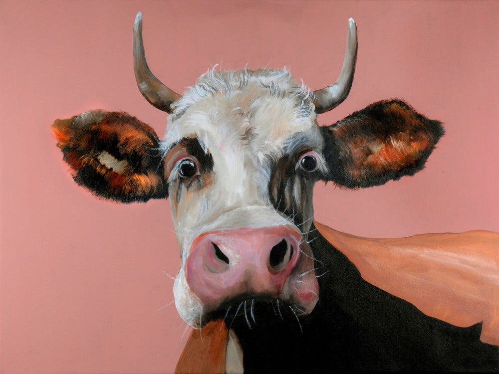 Rosamunde – Fineart Print von Christel Keller, 120x90 cm, Kuhporträt mit neugierigem Blick, warme Fellfarben | Kunst-Direkt.de
