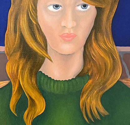 Person in roter Decke auf einem Suhl sitzend, Schicksal ist ein surrealistisches Ölgemälde von Jochen Meyer, 57 x 47 cm, Kunst-Direkt.de, details