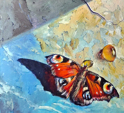 Detailaufnahme Schmetterling – Fotorealistische Wassertropfen wie flüssiger Bernstein, gold-beiger Untergrund, Björn Kirste | Kunst-Direkt.de
