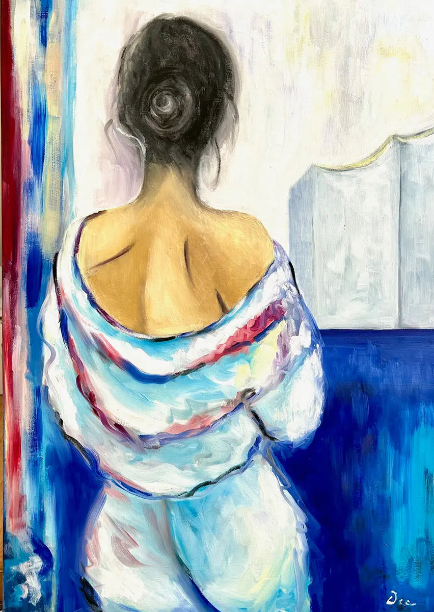 Eine Frau blickt voller Sehnsucht auf die stilisierte Elbphilharmonie in Hamburg, Ölgemälde, 50 x 70 cm, Dea Theinert, Kunst-Direkt.de