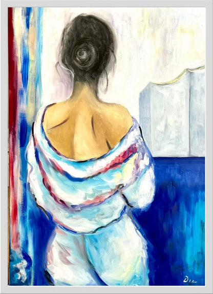 Eine Frau blickt voller Sehnsucht auf die stilisierte Elbphilharmonie in Hamburg, Ölgemälde, Bild komplett mit rahmen, 50 x 70 cm, Dea Theinert, Kunst-Direkt.de