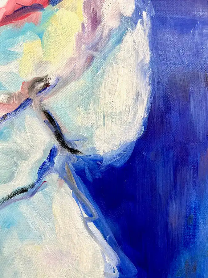 Eine Frau blickt voller Sehnsucht auf die stilisierte Elbphilharmonie in Hamburg, Ölgemälde, Details der Farben, 50 x 70 cm, Dea Theinert, Kunst-Direkt.de
