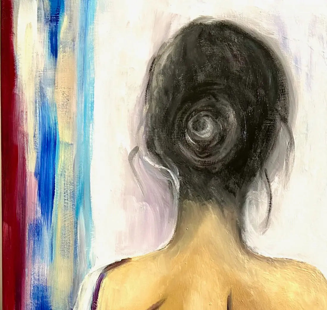 Eine Frau blickt voller Sehnsucht auf die stilisierte Elbphilharmonie in Hamburg, Ölgemälde, Details der struktur, 50 x 70 cm, Dea Theinert, Kunst-Direkt.de
