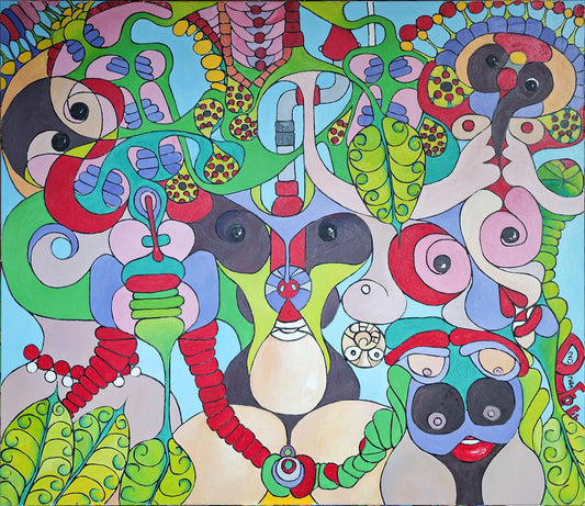 Shaka – Ölgemälde von Dieter Roth, 120x140 cm, expressiver Surrealismus, Tribal Art mit Masken und Augenpaaren in Smaragdgrün und Signalrot | Kunst-Direkt.de
