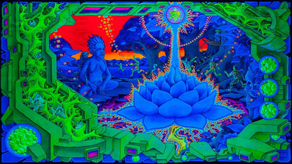 fineart Print, Neonfarben blau, grün, orange, ein blauer Schamane sitzt vor einem Baum, Phantasielandschaft, 160 x 90 cm, Felix Stöver, Kunst-Direkt.de