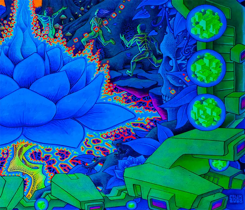 fineart Print, Neonfarben blau, grün, orange, ein blauer Schamane sitzt vor einem Baum, Phantasielandschaft, details figuren, 160 x 90 cm, Felix Stöver, Kunst-Direkt.de