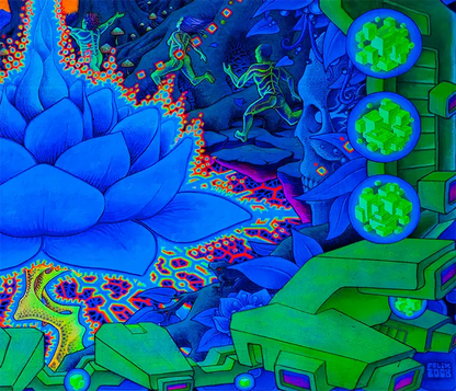 fineart Print, Neonfarben blau, grün, orange, ein blauer Schamane sitzt vor einem Baum, Phantasielandschaft, details figuren, 160 x 90 cm, Felix Stöver, Kunst-Direkt.de