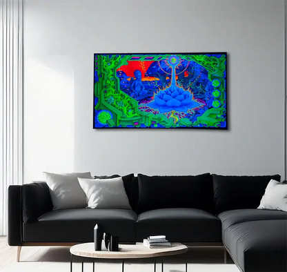 fineart Print, Neonfarben blau, grün, orange, ein blauer Schamane sitzt vor einem Baum, an wand, Phantasielandschaft, 160 x 90 cm, Felix Stöver, Kunst-Direkt.de