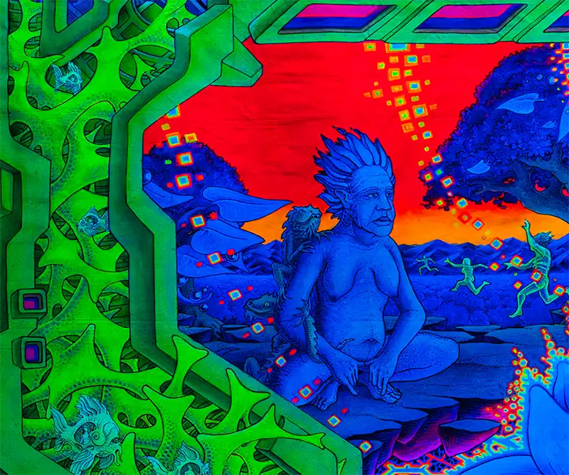 fineart Print, Neonfarben blau, grün, orange, ein blauer Schamane sitzt vor einem Baum, details farben, Phantasielandschaft, 160 x 90 cm, Felix Stöver, Kunst-Direkt.de