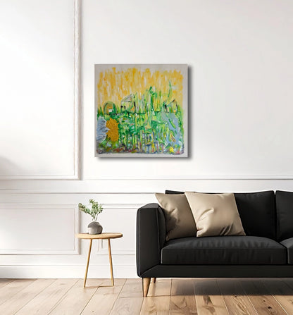 Abstraktes quadratisches Acrylgemälde Silent Harmony von Elena Grumann als Ruhepol im modernen Wohn- oder Arbeitszimmer