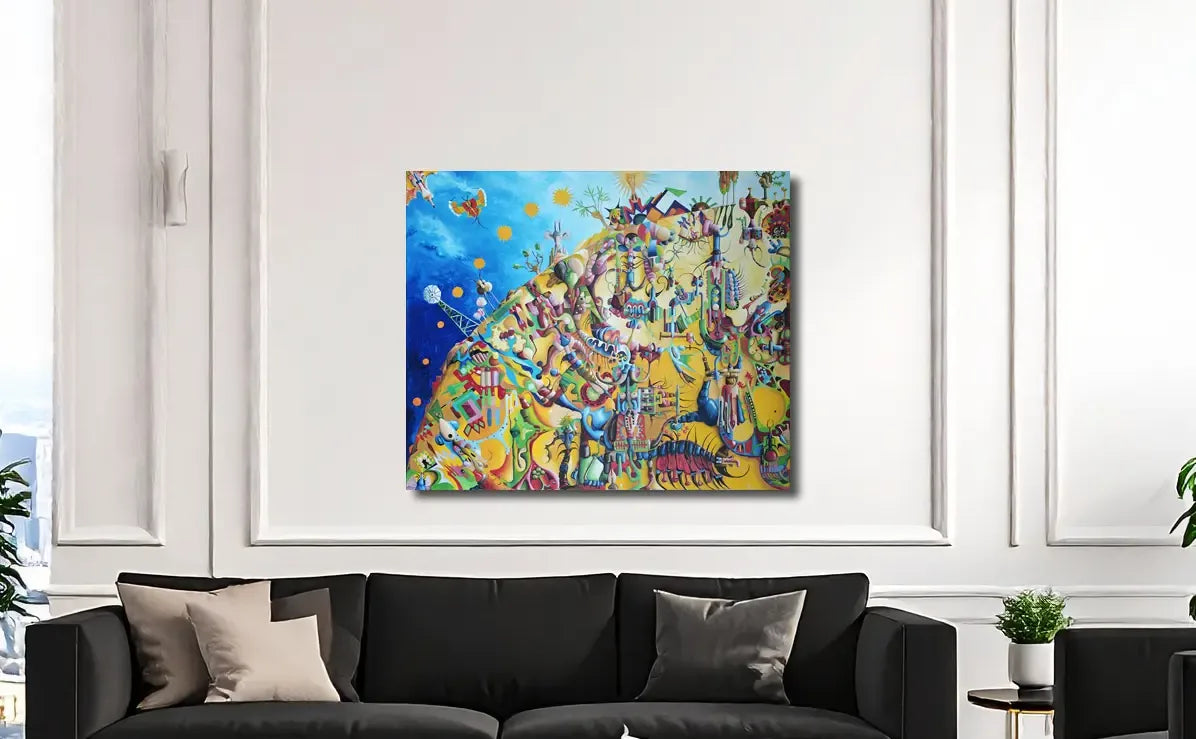 Das Bild African Sun an Wand hängend, Phantasievoll, viele Details, die Welt als Kugel, von Dieter  Roth, Kunst-Direkt.de