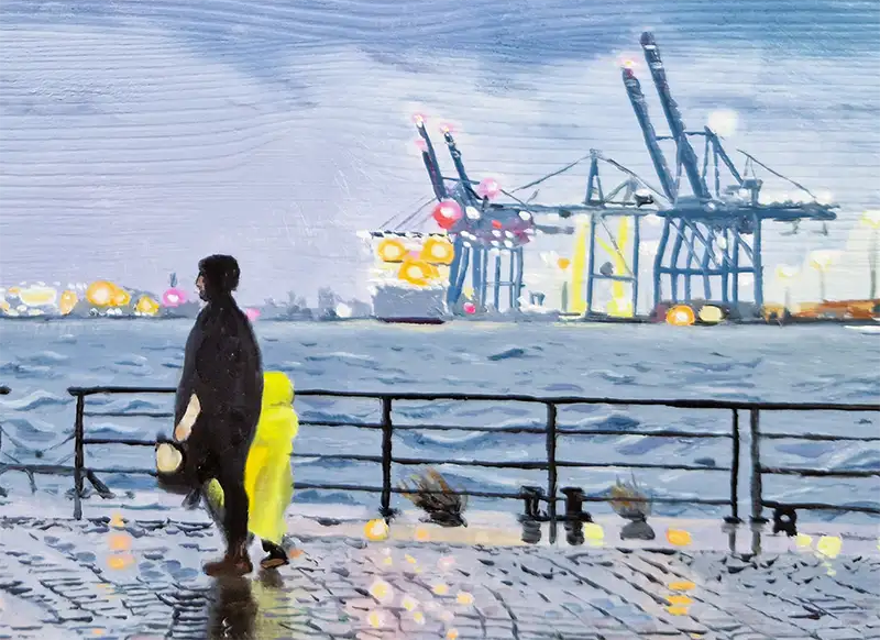 Ölgemälde, Uferweg in Hamburg am Hafen, Regenwetter, details, 40 x 30 cm, Ulla Kutter, Kunst-Direkt.de