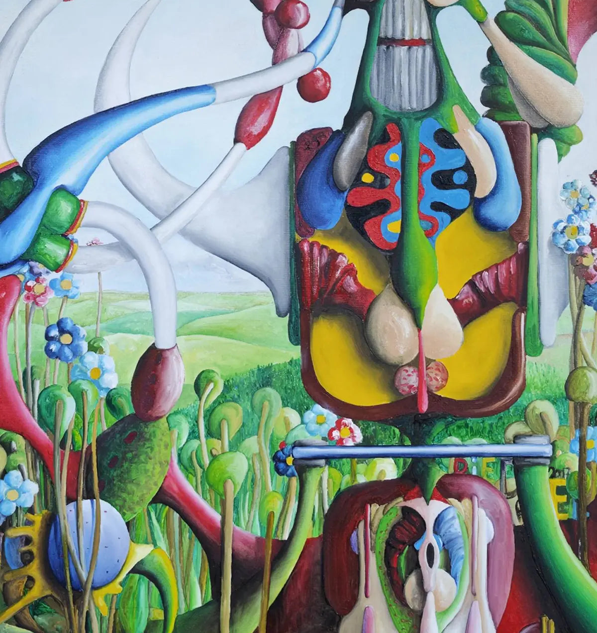 Detailaufnahme Surreale Landschaft – Anthropomorphe Wächterfiguren aus Blumenmeer, weiß geschwungene Tentakelstrukturen, Dieter Roth | Kunst-Direkt.de
