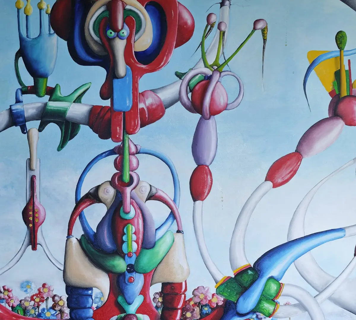Detailaufnahme Surreale Landschaft – Plastische Dreidimensionalität, Frühlingsgrün und Signalrot, klassische Ölmalerei, Dieter Roth | Kunst-Direkt.de
