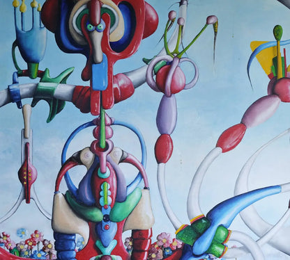 Detailaufnahme Surreale Landschaft – Plastische Dreidimensionalität, Frühlingsgrün und Signalrot, klassische Ölmalerei, Dieter Roth | Kunst-Direkt.de
