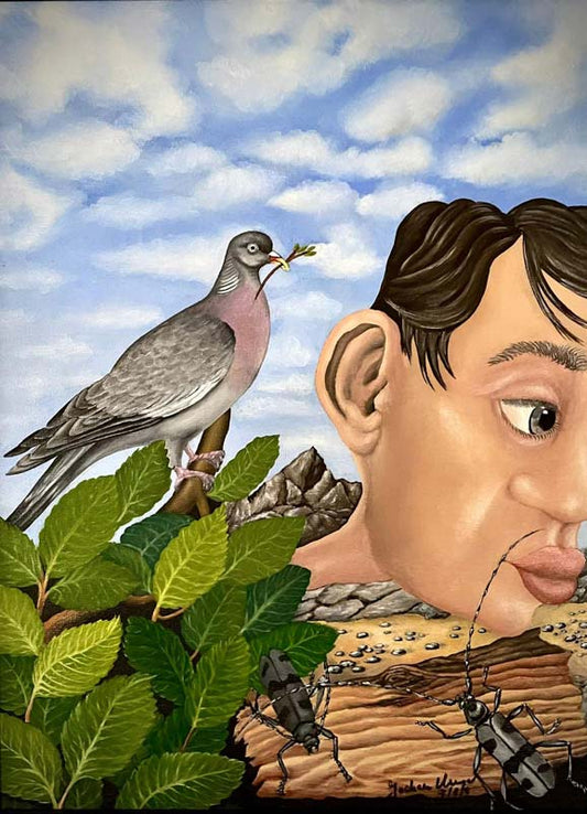 Taube an menschlichem Ohr, Taube Ohren ist ein surrealistisches Ölgemälde von Jochen Meyer, 47 x 37 cm, Kunst-Direkt.de