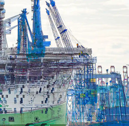 Details grünes Schiff im Dock Elbe 17 mit Überlagerungen