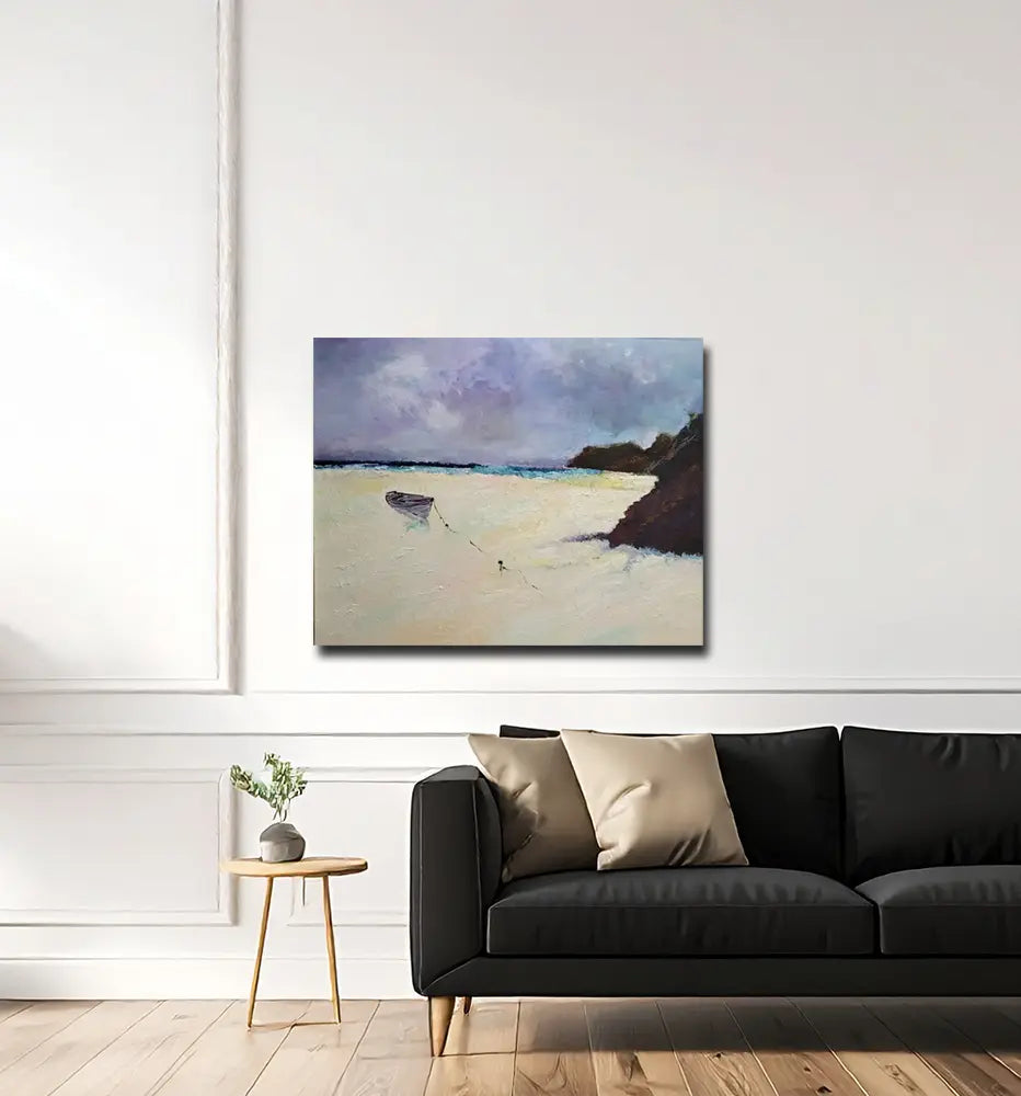 Tide von Roger Ziereisen an der Wand – Meditatives Strandgemälde, 80x100 cm, Öl auf Leinwand | Kunst-Direkt.de
