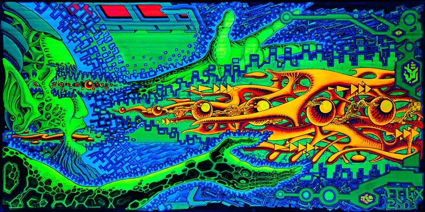 fineart Print, Neonfarben grün, orange, violett, blau, Strukturen einer Galaxie, 120 x 60 cm, felix stöver, Kunst-Direkt.de