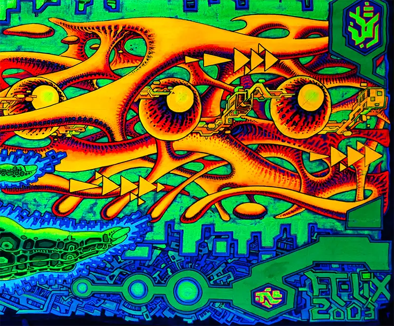 fineart Print, Neonfarben grün, orange, violett, blau, Strukturen einer Galexie, details struktur, 120 x 60 cm, felix stöver, Kunst-Direkt.de