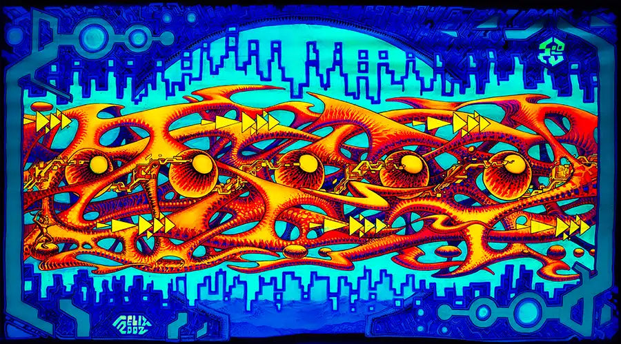 fineart Print, Neonfarben grün, orange, gelb, blau, Strukturen einer Galexie, 120 x 60 cm, felix stöver, Kunst-Direkt.de