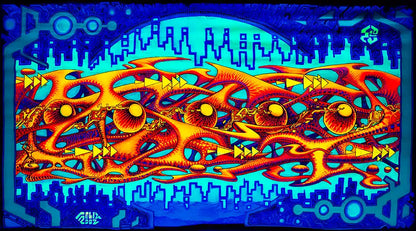 fineart Print, Neonfarben grün, orange, gelb, blau, Strukturen einer Galexie, 120 x 60 cm, felix stöver, Kunst-Direkt.de