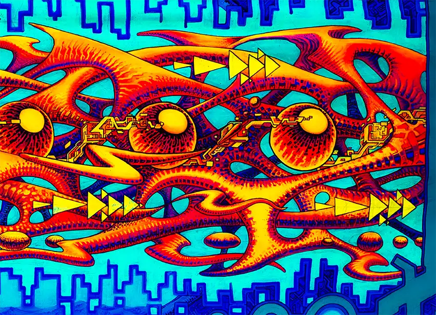 fineart Print, Neonfarben grün, orange, gelb, blau, Strukturen einer Galaxie, details farben, 120 x 60 cm, felix stöver, Kunst-Direkt.de