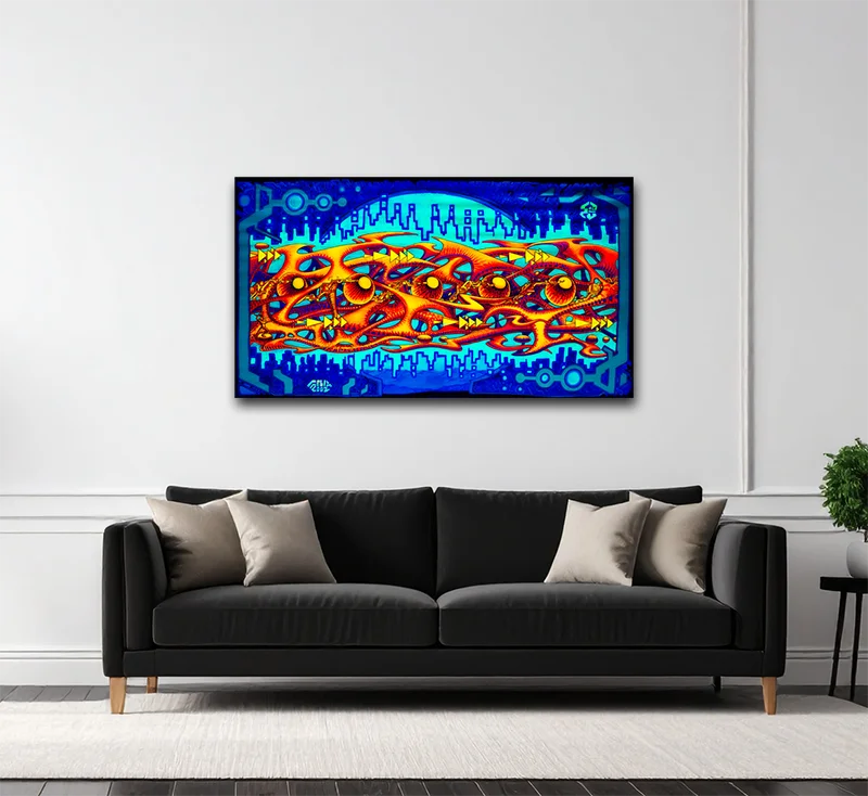 fineart Print, Neonfarben grün, orange, gelb, blau, Strukturen einer Galexie, an wand, 120 x 60 cm, felix stöver, Kunst-Direkt.de