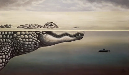 U-Ligator – Ölgemälde von Julia Eckler, 100x60 cm, surrealistisch, Alligator und U-Boot in Grautönen | Kunst-Direkt.de

