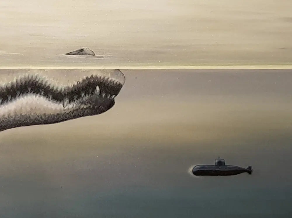 Detailaufnahme U-Ligator – Fotorealistische Schuppenpanzerung des Alligators, atmosphärische Grautöne, Julia Eckler | Kunst-Direkt.de
