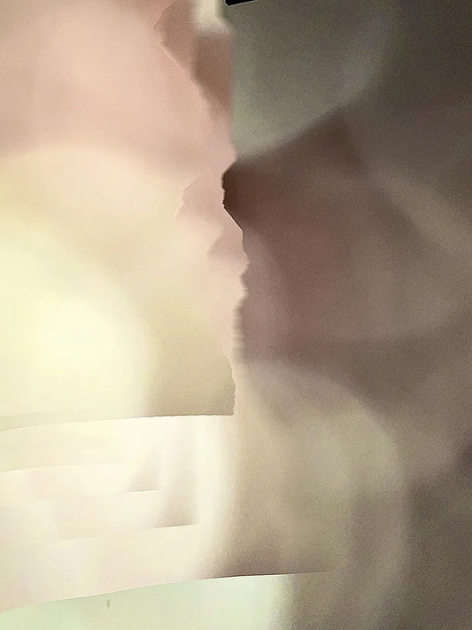 Das Werk ist ein Hochformat und zeigt abstrakte Strukturen in beige und braun mit hellen und dunklen Flächen.
