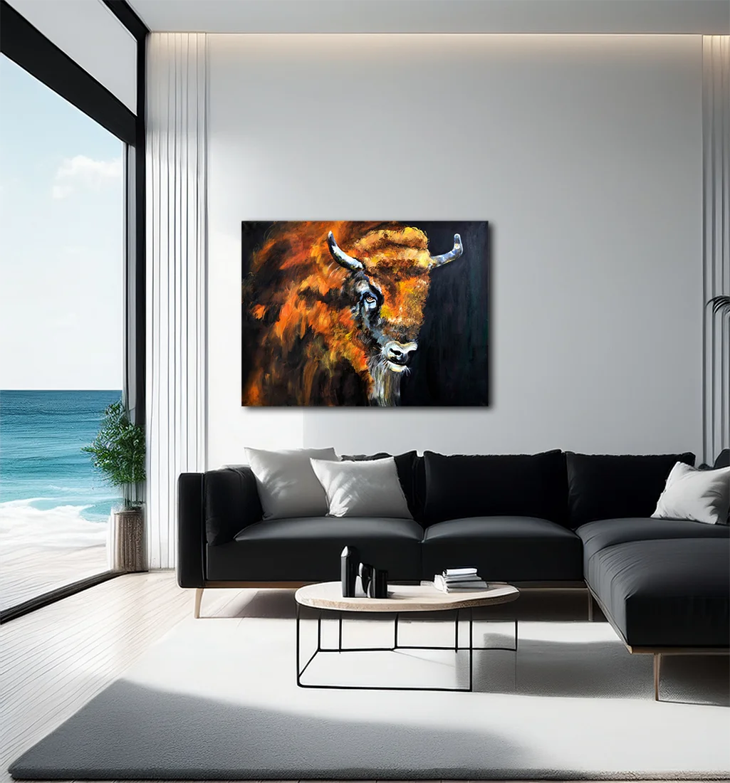 Wisent von Christel Keller an der Wand – Fineart Print auf Leinwand, 120x90 cm, 4cm Galerie-Keilrahmen, kraftvolles Tierporträt | Kunst-Direkt.de
