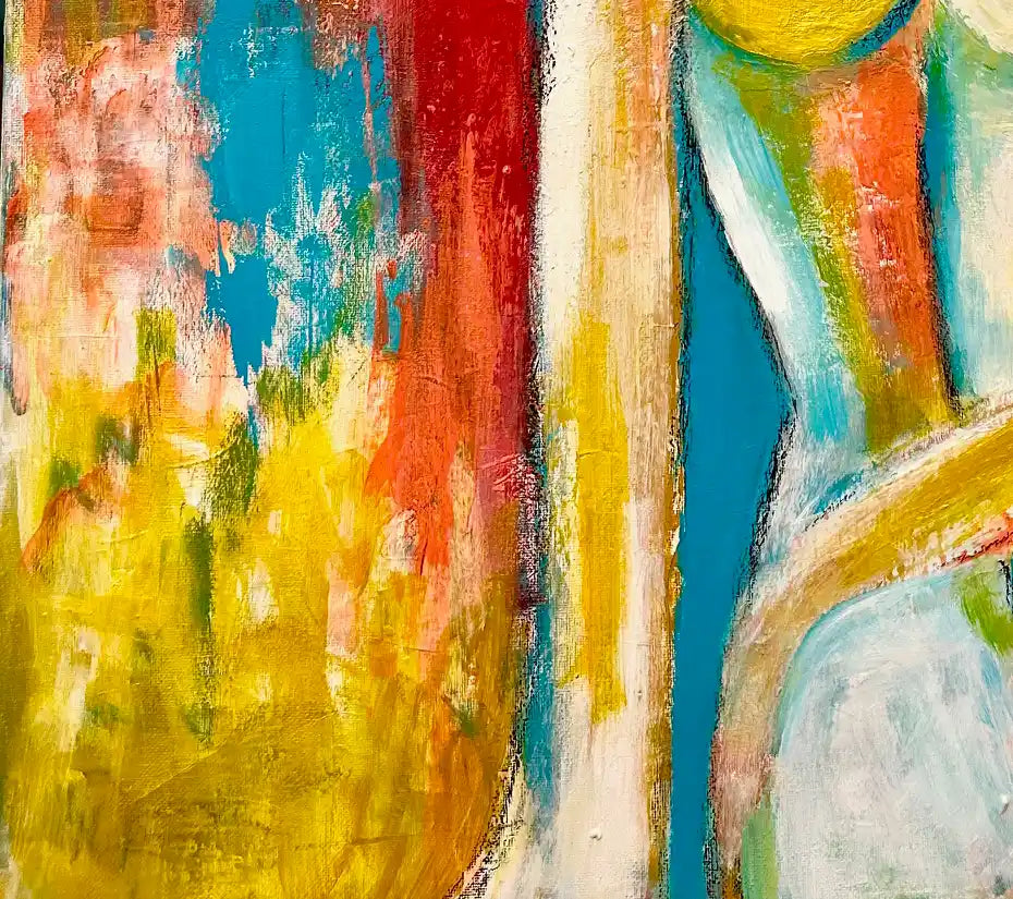 Modernes Acrylgemälde "Woman with a heart of gold" von Künstlerin Dea: Weibliche Silhouette mit goldenen Akzenten auf Brust und Haar, 60x80 cm Unikat. Detail Farben