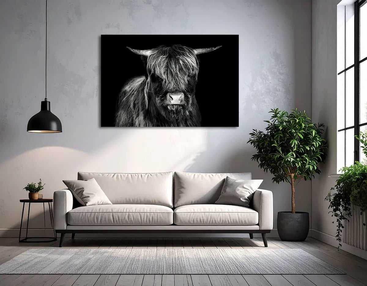 Hochlandrind 1 – Fotokunst von Birte Zabel, ein Highland-Rind in Schwarz-Weiß vor tiefem Schwarz, an Wand | Kunst-Direkt.de