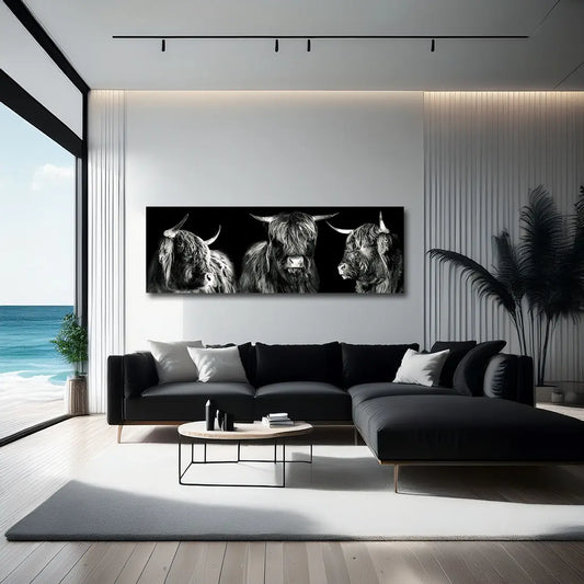 Hochlandrind 3 – Panorama-Fotokunst von Birte Zabel, drei Highland-Rinder in Schwarz-Weiß an heller Wand vor tiefem Schwarz, Extrem-Panorama | Kunst-Direkt.de