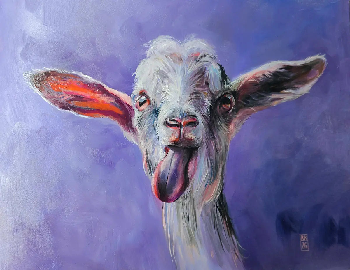 Ziege – Ölgemälde von Björn Kirste, 40x50 cm, humorvolles Ziegenporträt mit herausgestreckter Zunge, Flieder-Violett mit Orange-Akzenten | Kunst-Direkt.de

