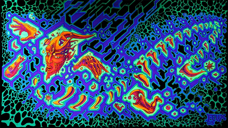 fineart Print, Neonfarben blau, grün, orange, fliegende Figuren und hände, Phantasielandschaft, 160 x 90 cm, Felix Stöver, Kunst-Direkt.de