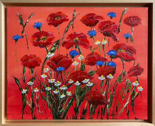 Mohnblumen, Kornblumen und Kamille, Gemälde auf rotem Hintergrund, Querformat, Gerd Pfanstiel, 50x70 cm, Kunst-Direkt.de