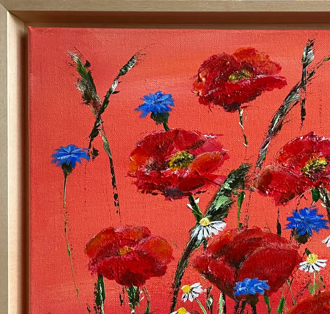 Mohnblumen, Kornblumen und Kamille, Gemälde auf rotem Hintergrund, Querformat, Details der Blütenm, Gerd Pfanstiel, 50x70 cm, Kunst-Direkt.de