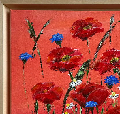 Mohnblumen, Kornblumen und Kamille, Gemälde auf rotem Hintergrund, Querformat, Details der Blütenm, Gerd Pfanstiel, 50x70 cm, Kunst-Direkt.de