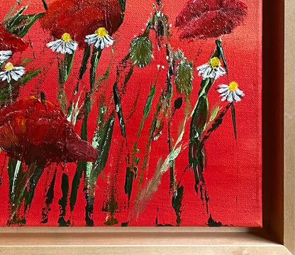 Mohnblumen, Kornblumen und Kamille, Gemälde auf rotem Hintergrund, Querformat, Details der Struktur, Gerd Pfanstiel, 50x70 cm, Kunst-Direkt.de