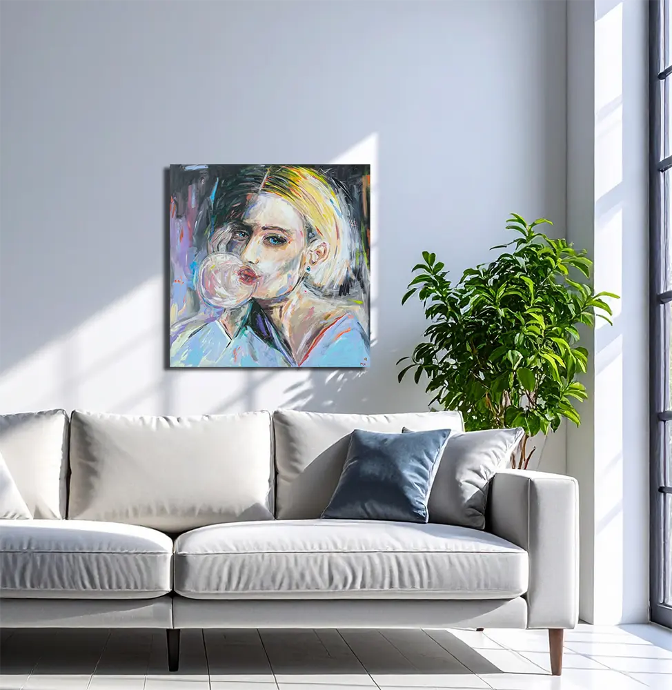 Bubble Gum von Maren Lüke-Amato an der Wand – Pop-Art Acrylgemälde, 80x80 cm, Acryl auf Leinwand | Kunst-Direkt.de

