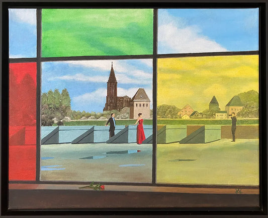 eine Frau im roten Kleid steht vor historischer Stadtkulisse, ein farbiges Raster liegt perspektivisch über dem Bild, Ölgemälde, Gerd Pfanstiel, Kunst-Direkt.de