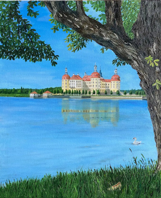 ölgemälde, Schloss Moritzburg, Legende der goldene Schuh, schloss mit see und Schwan und goldenem Schuh, 80x60cm, Gerd Pfanstiel, Kunst-Direkt.de