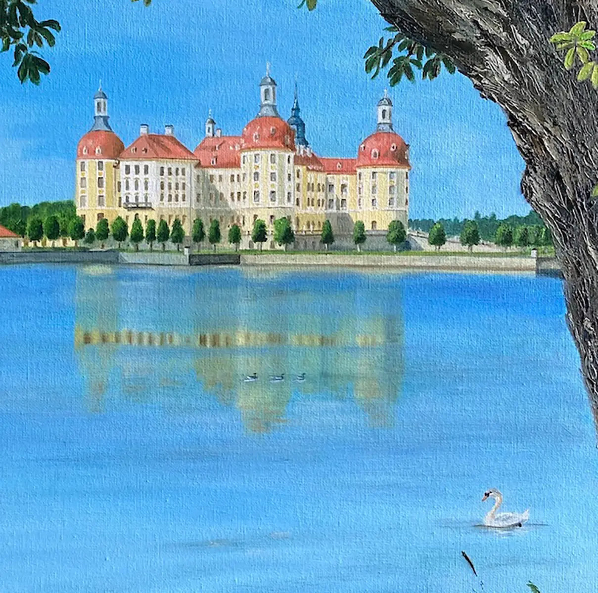 ölgemälde, Schloss Moritzburg, Legende der goldene Schuh, schloss mit see und Schwan und goldenem Schuh, Detail Schloss, 80x60cm, Gerd Pfanstiel, Kunst-Direkt.de