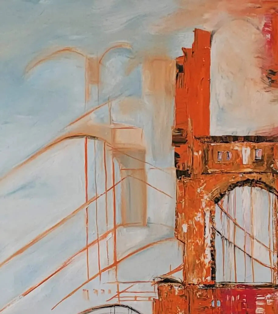 Detailaufnahme Die Brücke – Farbkontrast Rostrot und Blautöne, Ölgemälde Roger Ziereisen | Kunst-Direkt.de
