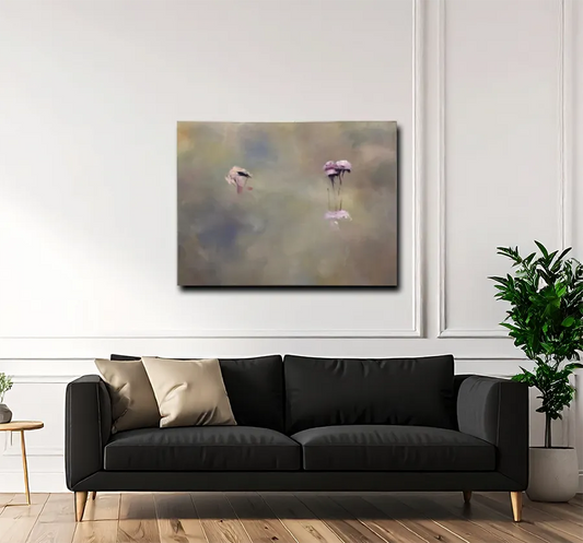 acrylgemälde, 160x 120 cm, kleinne violette Blüten schweben über der Oberfläche des Bildes, hängend, Marion Schmidtke, Kunst-Direkt.de